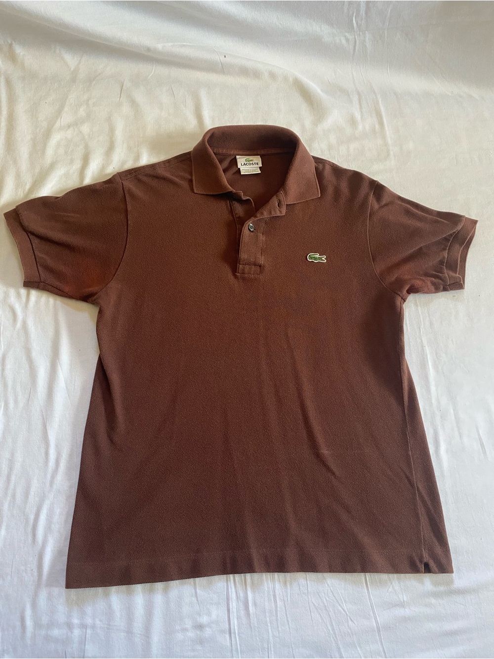 Lacoste Men's Chocolate Brown Pique Polo with Green Crocodile - Size S